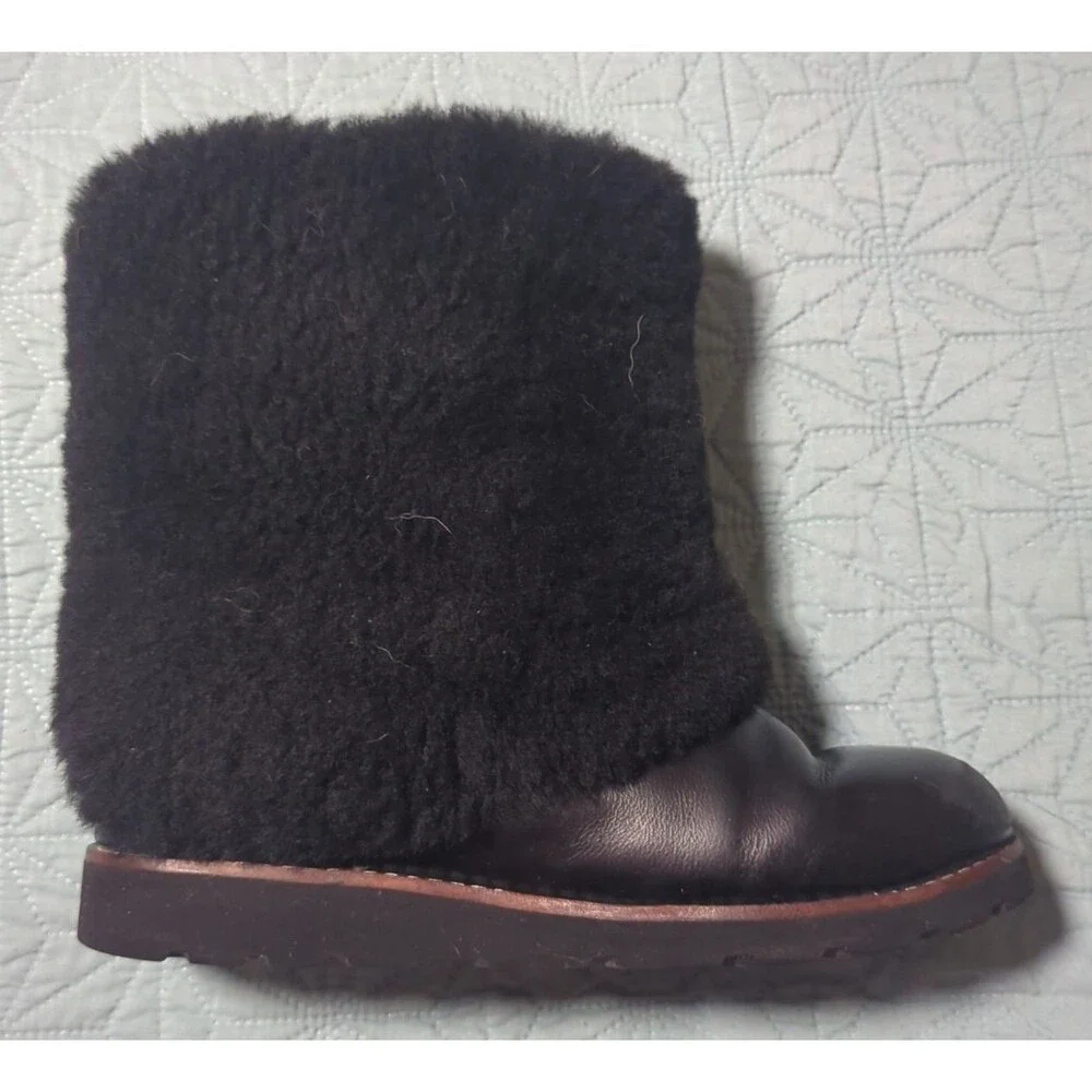 UGG Maylin Black Leather Sheepskin Lined Cuffed Mid Calf Boots Women's 6 Retired